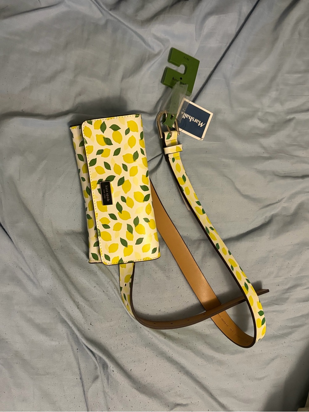 kate spade green and white belt purse with lemon print strap